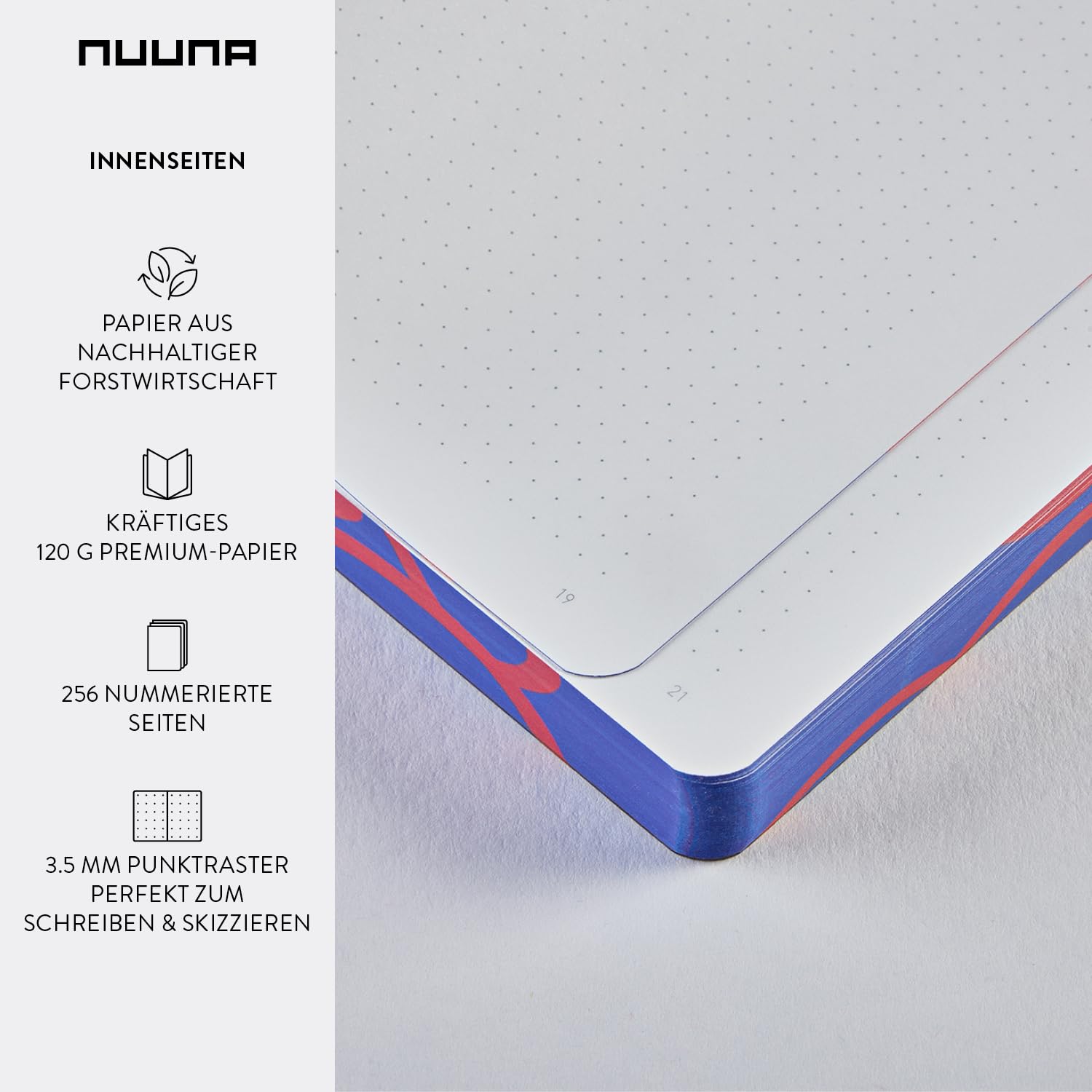 Nuuna Notizbuch A5+ | Graphic L - Heaven | 3,5 mm Punktraster | 256 nummerierte Seiten | 120 g Premium-Papier | Leder blau | nachhaltig produziert in Deutschland