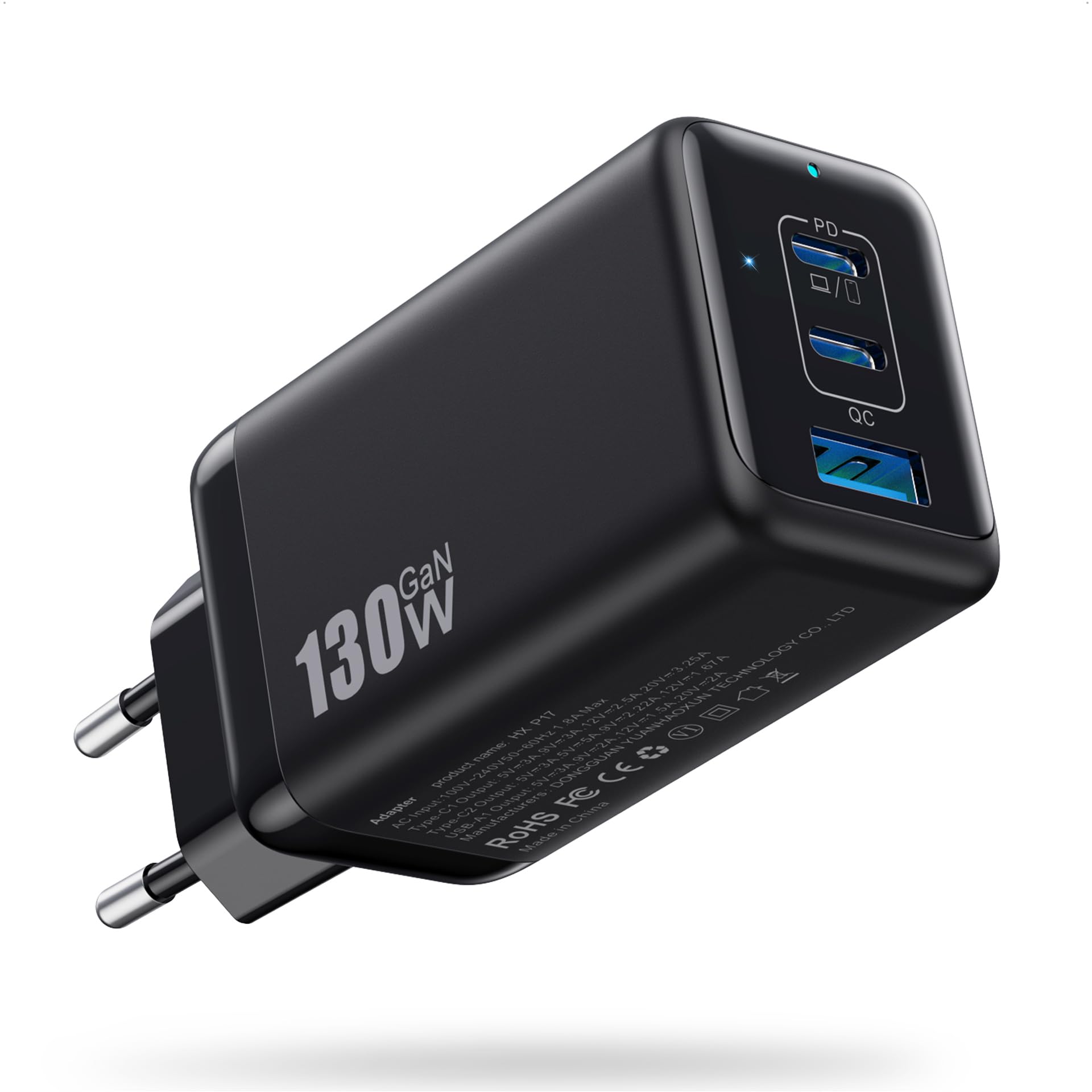 130W Caricatore USB C, 3 Porte GaN III Tech Alimentatore USB C, 65W PD+PPS Compatto Caricabatterie Ricarica Rapido Presa USB Compatibile con MacBook Pro/Air, iPad, iPhone 16/15, Galaxy S24 (Nero)