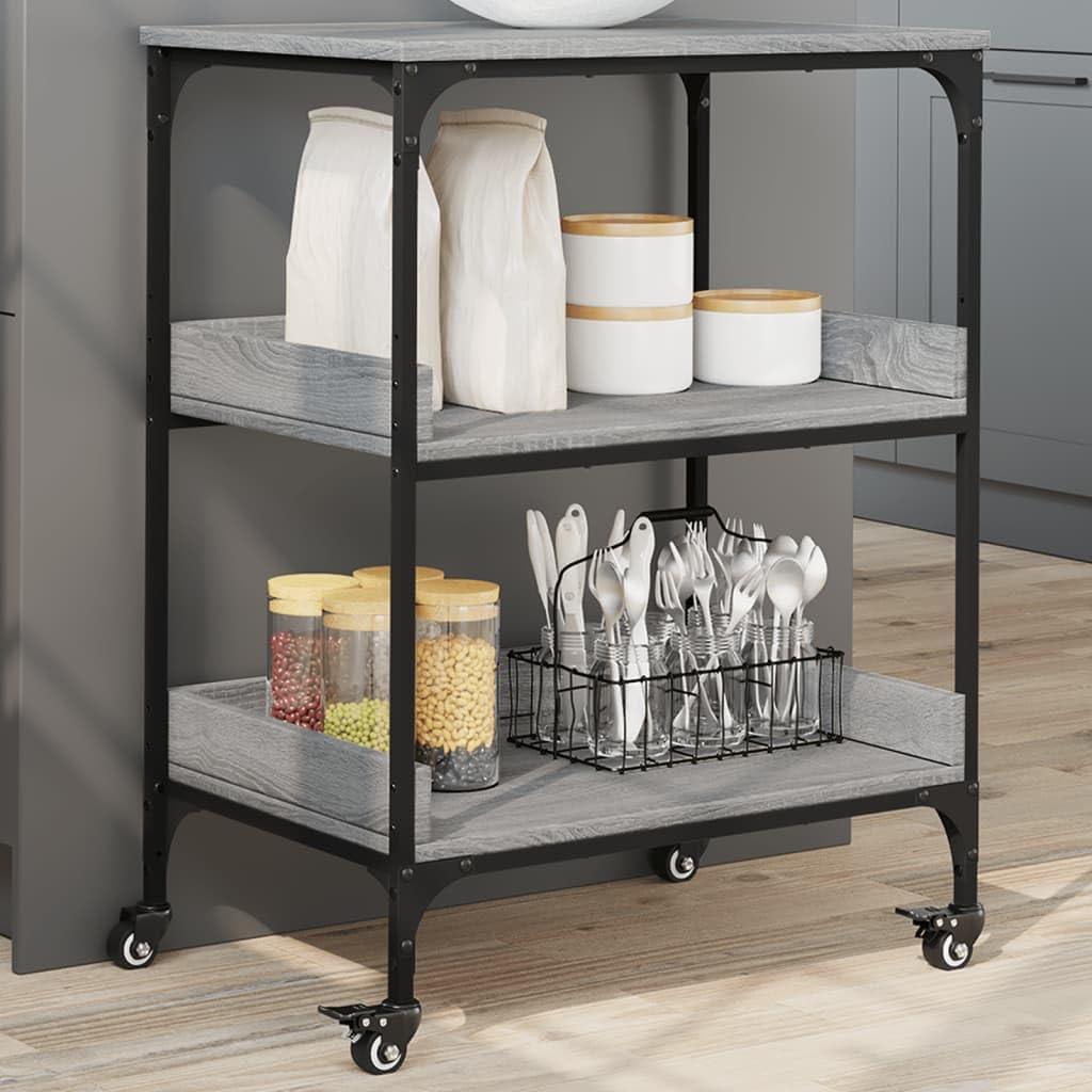 Carro de cocina gris Sonoma 60 x 41 x 80,5 cm de material de madera con marco de acero y 4 ruedas, 2 con bloqueo, carrito de servicio para almacenamiento adicional en la cocina y el salón,