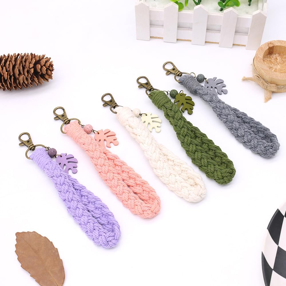 Macrame Boho Keychain Bracelet with Tassels Palm Leaf Charm Handmade Wristlet Keychain Keyring Holder for Women