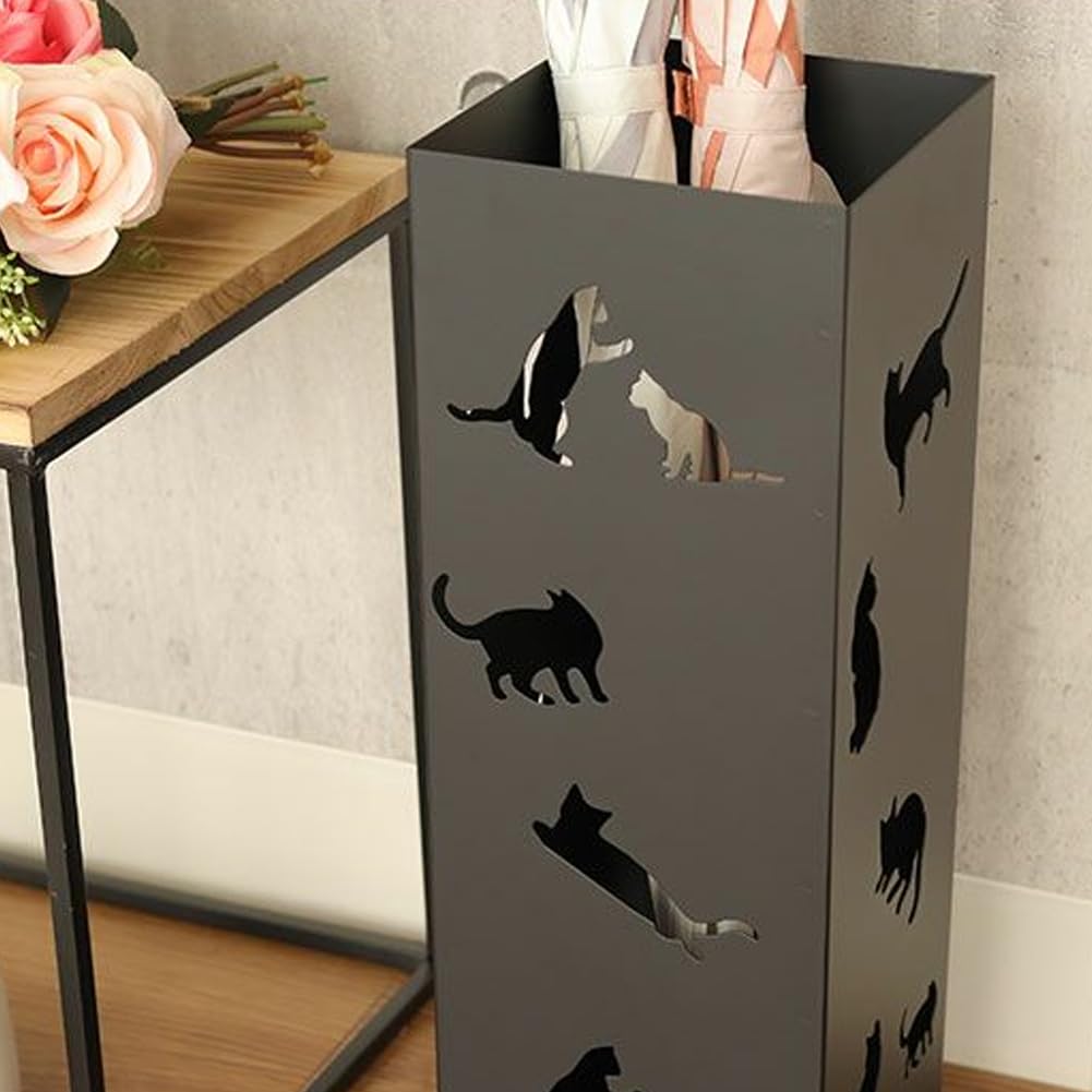 BAKAJI Portaombrelli da Ingresso in Metallo 15.5 x 15.5 x 49 cm, Forma Quadrata, Design Gatti, Porta Ombrello Decorativo Elegante e Salvaspazio, Ideale per Organizzare Ombrelli (Nero)
