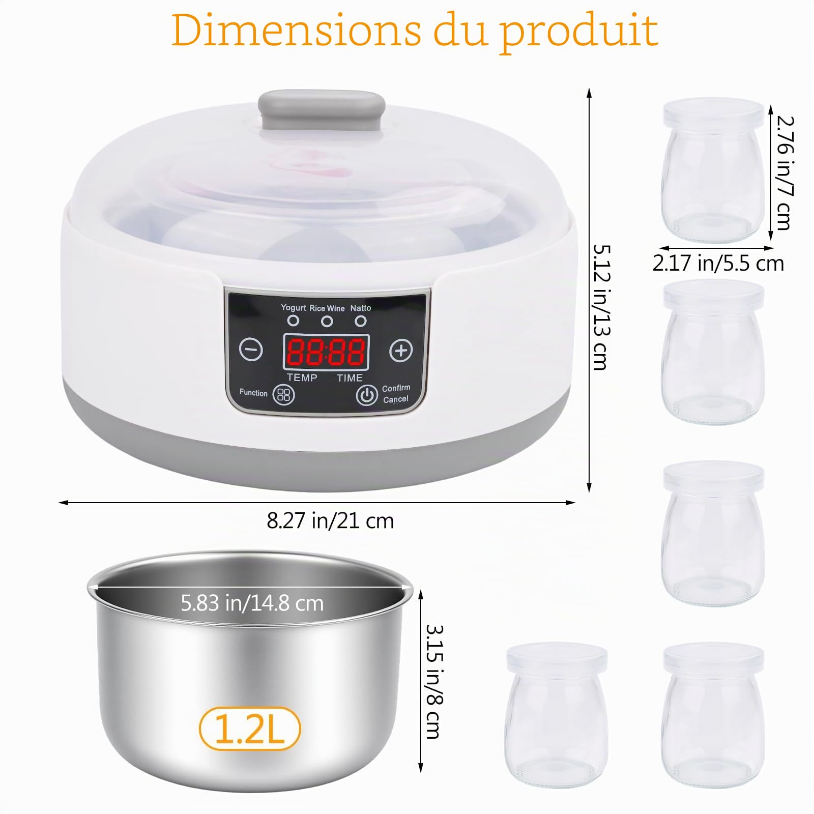 Euakee Yaourtière, Machine à Yaourt Maison, Yaourtière Électrique avec 5 Pots en Verre de 100ml, Thermostat Réglable et Affichage Numérique, pour Fabrication Maison de Yaourt, Natto