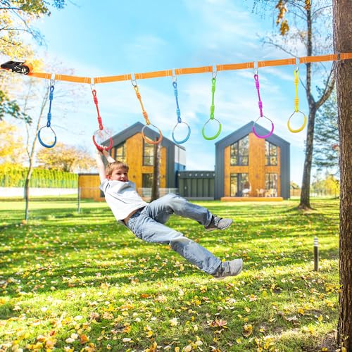 Outdoor Indoor Gym Fitness Ninja Gymnastic Ring Swing Trapeze Bar Ring For Kids, Play Sets Playground Training Equipment Backyard Obstacle Course Ring Hanging Monkey Ring Jungle Fist (1 Blue)