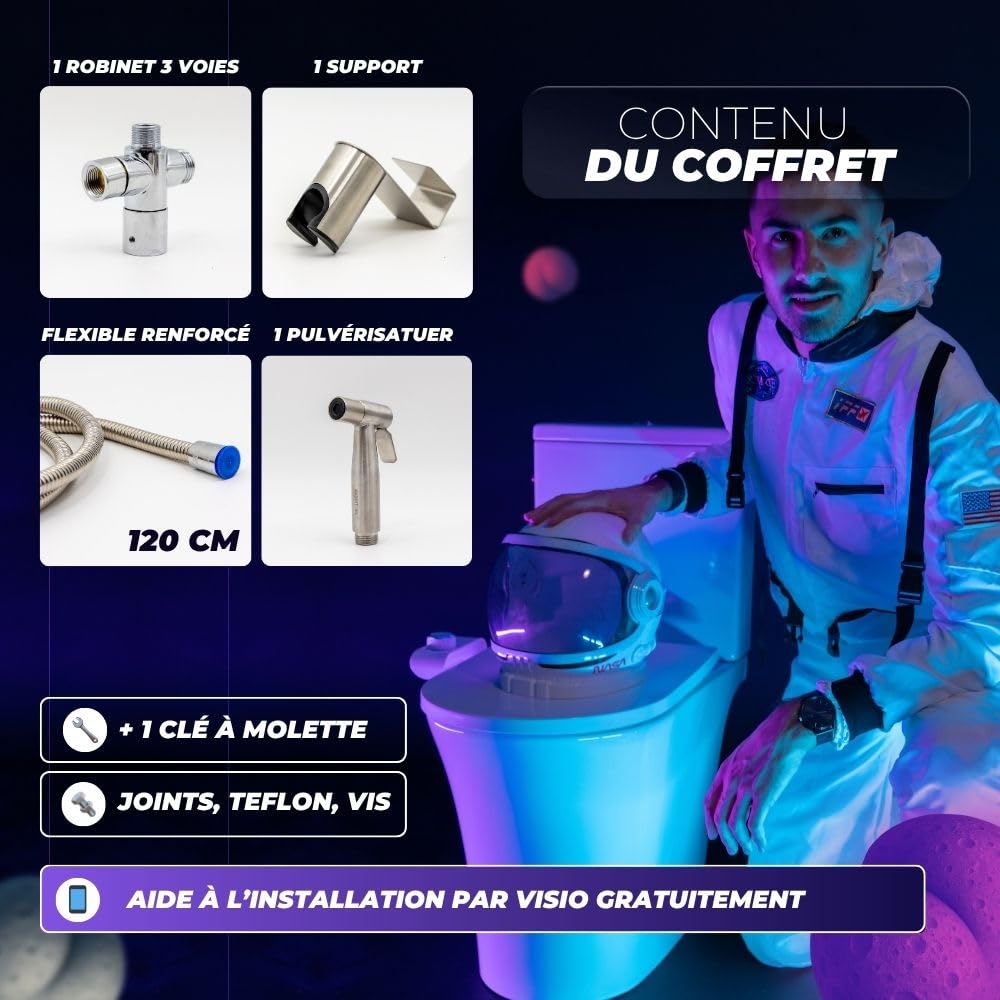 Ducha para inodoro con chorro ajustable, marca francesa, Bidé higiénico con grifo de 3 vías, pistola, flexible y soporte incluido – Kit higiénico íntimo completo (acero inoxidable)