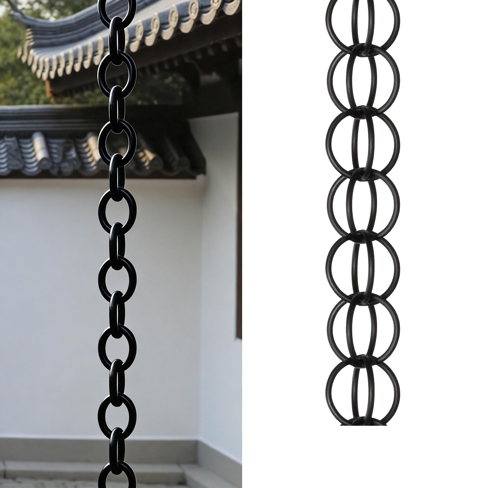 Kulvath Rain Chains Aluminum Ring - 3.5m/11.5ft Black Decorative Rainchain Outdoor Durable Heavy Duty Gutter Chain Downspout, Modern Rainchains for Outside