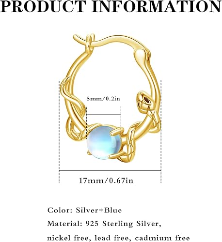 Miniatura 5 de Aretes de aro con piedra lunar de plata de ley, aretes de aro de serpiente de piedra lunar, joyería vintage de serpiente, regalos para mujeres