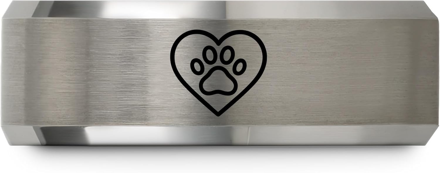 Paw Print Ring - Gift for Pet Lover - Anniversary Engagement Wedding - Personalized Custom Engraving - Gunmetal Black Silver - Band - 8mm - Tungsten Carbide - Flat Dome Bevel - Men Women