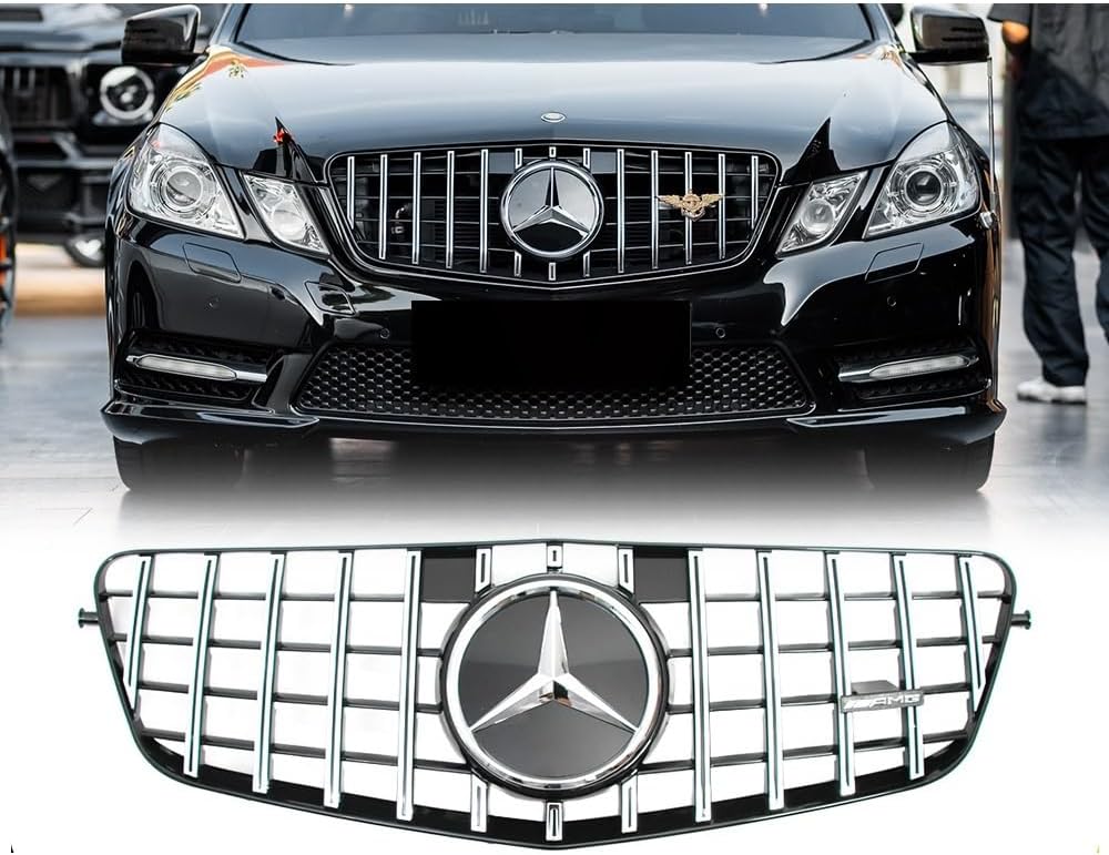 Chrome Silver GTR Style Racing Grille With 3D ABS Logo Star Emblem Badge Compatible for Mercedes-Benz E-Class W212 2009-13 Car Accessories