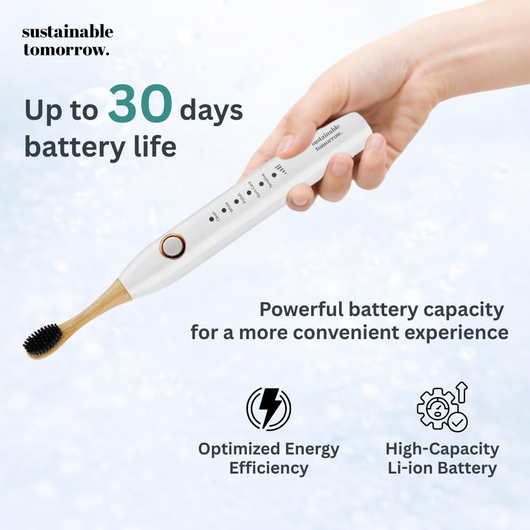 Sustainable Tomorrow Zen Bamboo Spazzolino da denti elettrico per adulti, modello wireless perlato, ricaricabile con setole morbide a base vegetale, teste in bambù, 5 modalità e batteria a lunga
