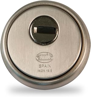 Amig - Sicherheitsschild Mod. 30 - Edelstahl 18/8 - Silberfarben - Massiver Außenring - Ø65 mm - Aufbohrschutzplatte - Mit Schrauben und Halterung - Für Europrofilzylinder EN1303 - Sinterstahl