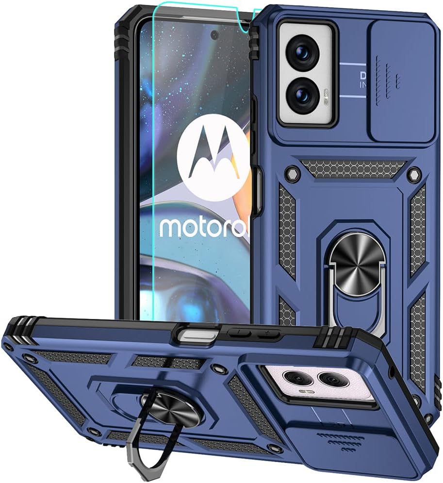 for Moto G Power 5G 2024 Case, Silicone Rubber Bumper Hard Plastic Phone Case with [Sliding Camera Lens Cover] [360° Rotatable Kickstand Ring] [HD Screen Protector] for Motorola G Power 2024 Blue