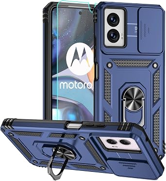for Moto G Power 5G 2024 Case, Silicone Rubber Bumper Hard Plastic Phone Case with [Sliding Camera Lens Cover] [360 Rotatable Kickstand Ring] [HD Screen Protector] for Motorola G Power 2024 Blue