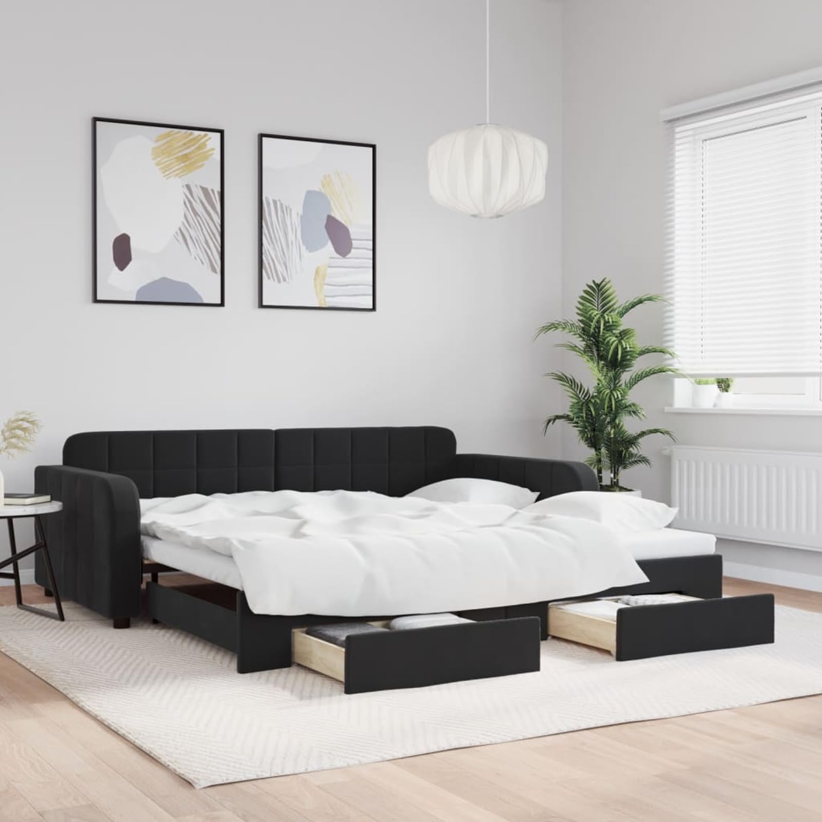 ATOMSTACK MAKER Sofa Cama Plegable 2 en 1 Negro de Terciopelo, Cama Diaria Extraíble 100 x 200 cm Con 2 Cajones Deslizantes, Estructura de Madera y Metal, Ideal para Salón o Dormitorio de Invitados