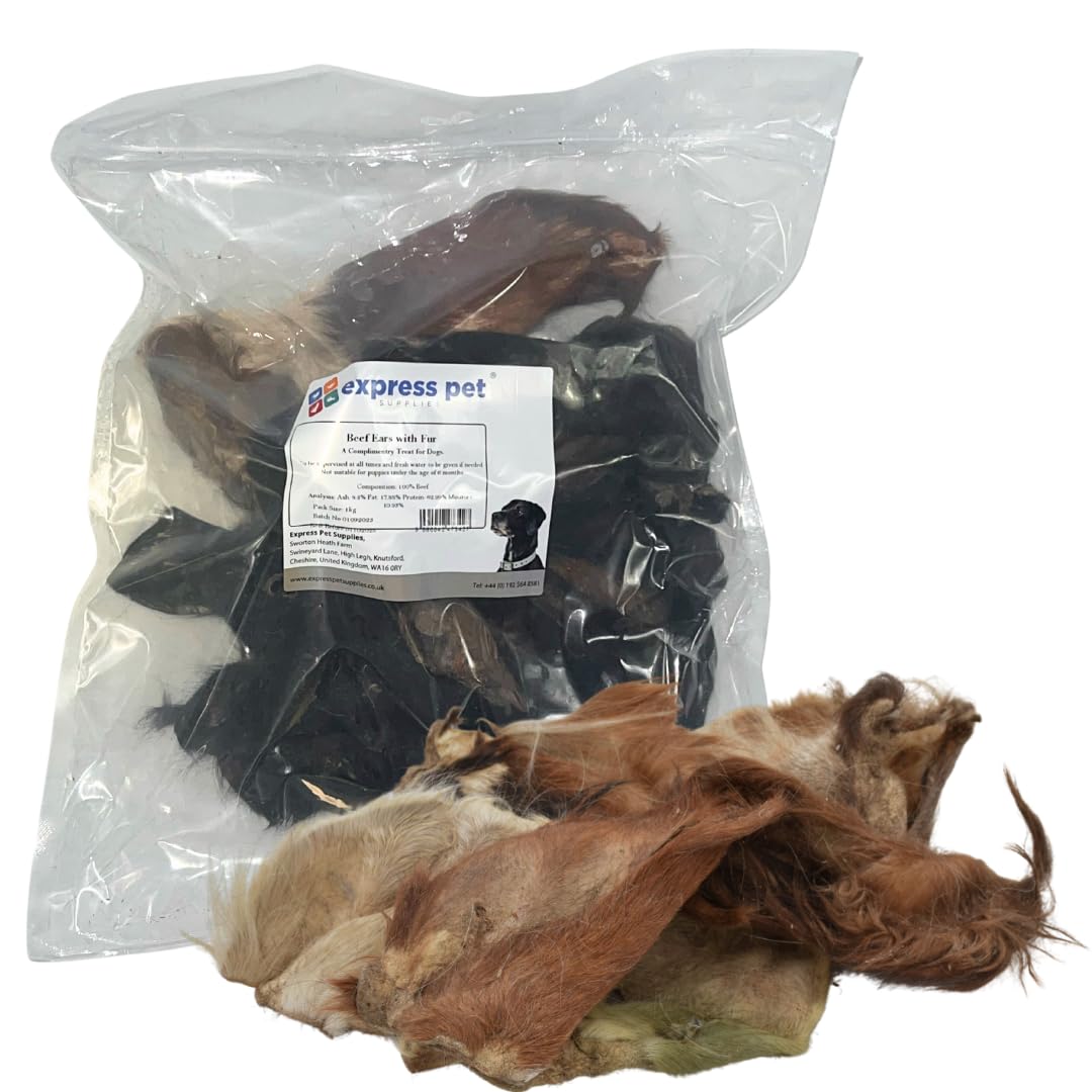 Express Pet Supplies Cow Ears with Hair/Fur | 100% Natural Air-Dried Treat for Dogs (500g)