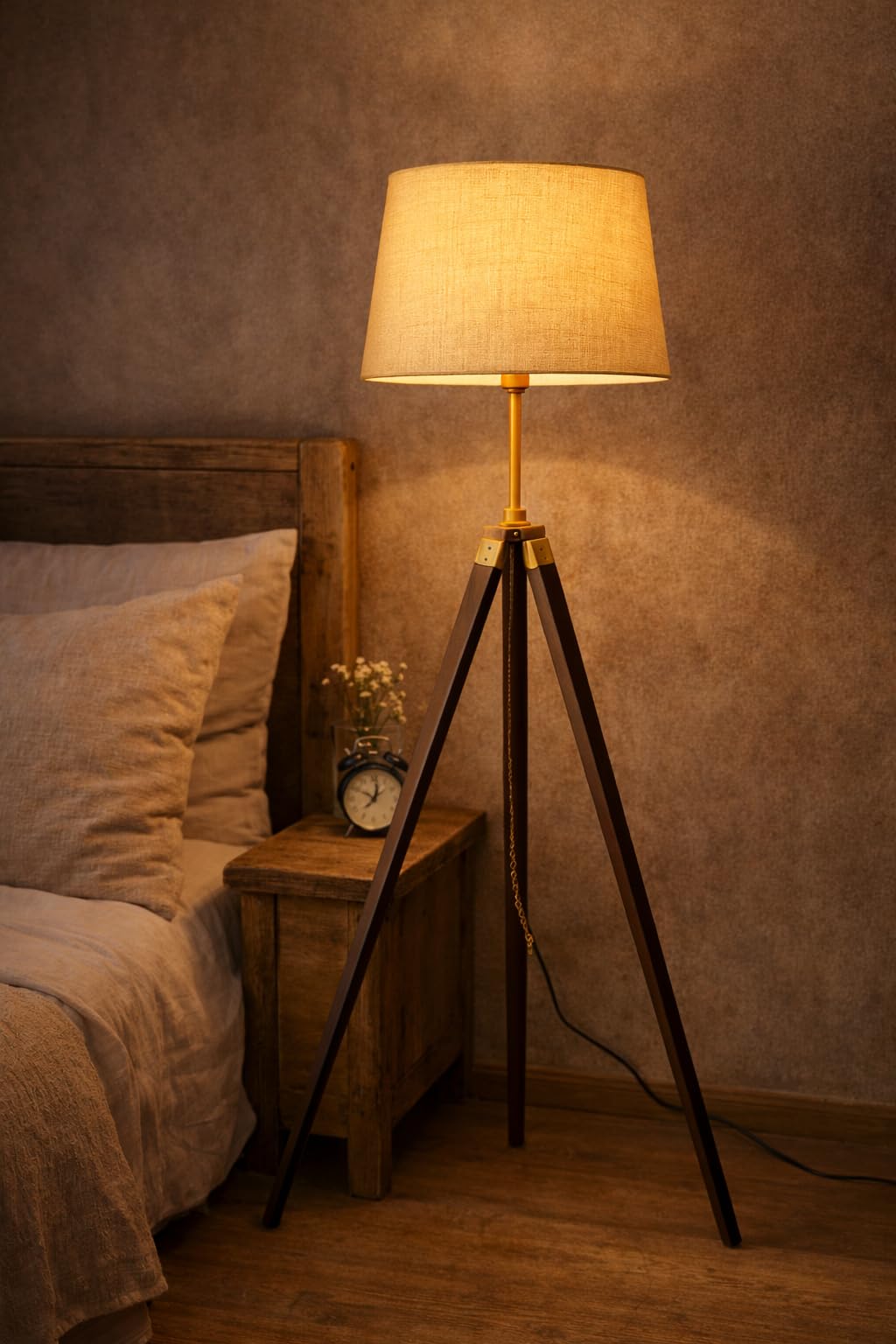 Wooden Tripod Floor Lamp, Natural Wood Standing Lamp, Rustic Style, Warm White Light, Fabric Shade, for Bedroom Living Room and Office-image-6