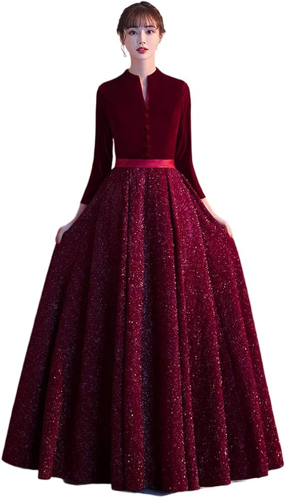 Amazon ドレス 大人 ピアノ 発表会 パーティードレス ロングドレス 演奏会 結婚式 ワンピース Vネック 成人式ドレス 母親 5分袖 袖あり 披露宴 演奏会ドレス お呼ばれ 他と被らない イブニングドレス 通販