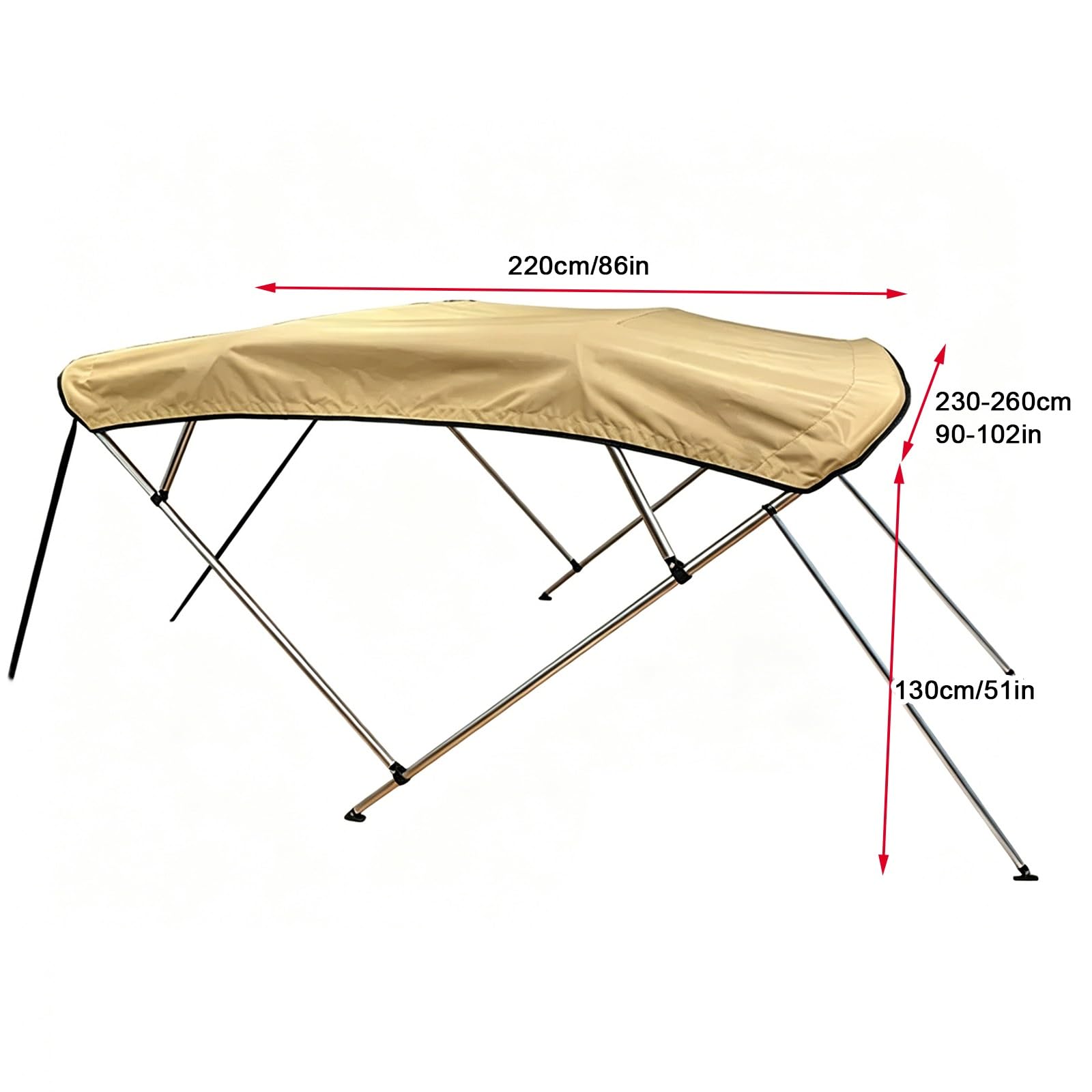 Tendalino Barca 4 Archi, Tendalino Bimini per Imbarcazione, Struttura in Alluminio, Tessuto Oxford 900D, con Custodia, 2 Pali di Supporto Posteriori e 2 Cinghie(230-260cm/90-102in)