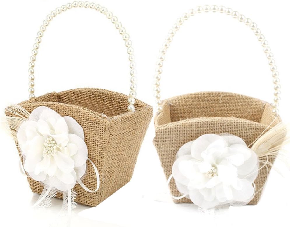 Bodosac 2PCS Burlap Flower Girl Basket Pearl Handle For