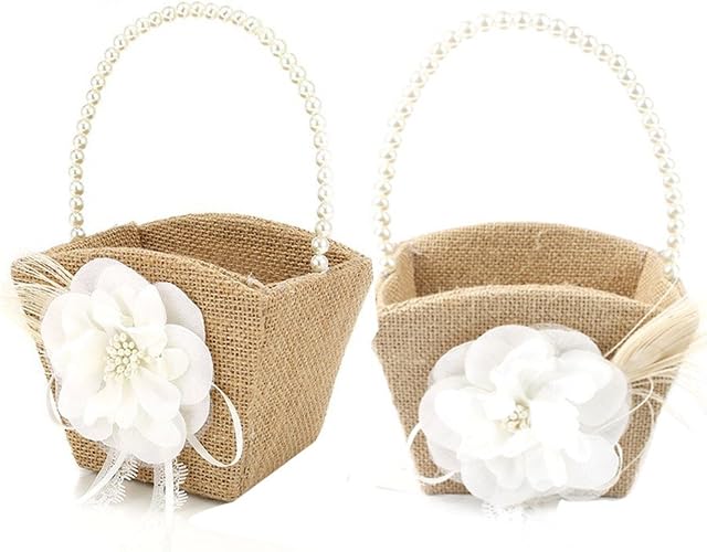 Awtlife 2pcs Rustic Burlap Wedding Flower Girl Basket Pearl Handle for Vintage Rustic Wedding Ceremony