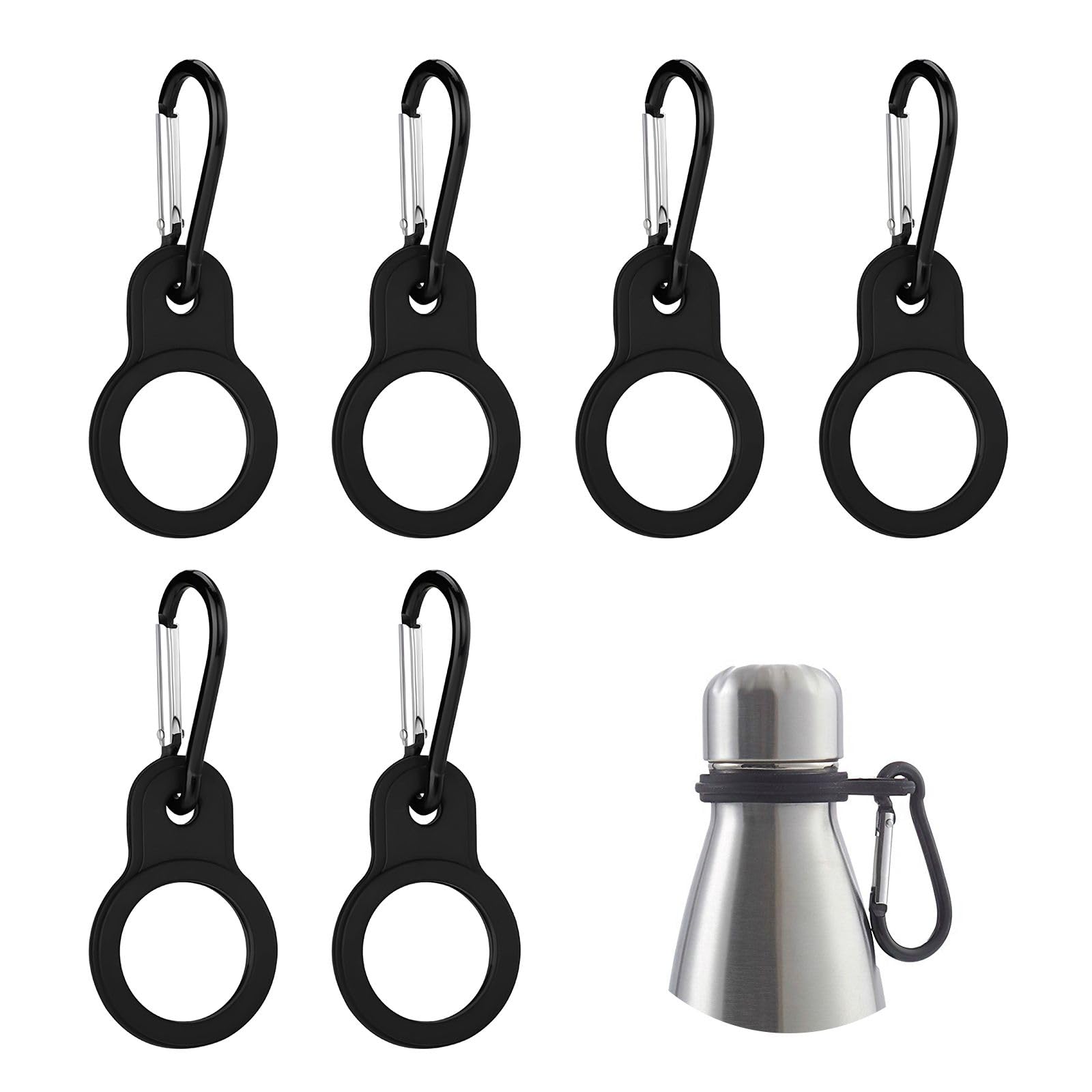 6 Pièces Boucles de Bouteille d'Eau en Silicone, Clips pour Bouteille d'Eau Noirs - Porte Bouteille Sécurisé et Élastique avec Mousqueton pour Randonnée, Camping, Voyage et Activités de Plein Air