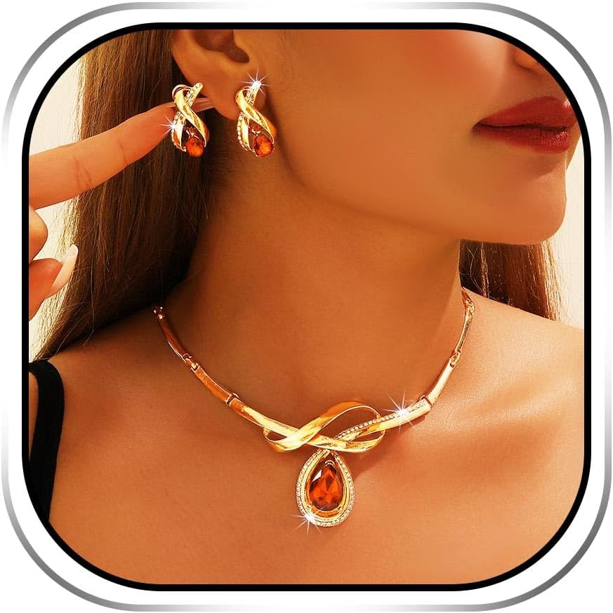 JAKAWIN Gold Necklace and Earring Set Red Crystal Teardrop Wedding Jewelry for Women