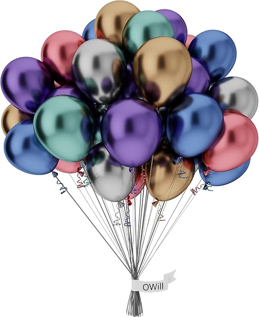 OWill Metallic Balloons,50 pcs 10 Inch Metallic Colorful Balloons, Multi colour Shiny Balloons Latex Balloons for Wedding, Birthday,Party Decorations