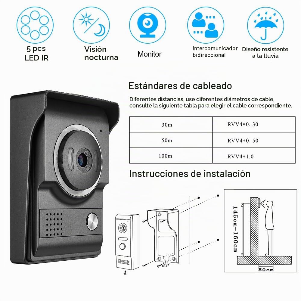 Teléfono de Timbre de Vídeo con Cable, Monitor de Vídeo de 7 pulgadas,Kits de Cámara HD Apoyan Desbloqueo,Vigilancia,Intercomunicador Bidireccional para Villa casa Oficina Apartamento