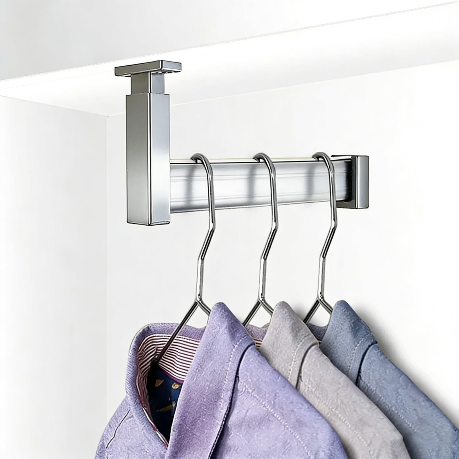 Elitix Silver Wardrobe Rail L Shape Wardrobe Clothes Rod With End Supports, Space Saving Closet Holders Adjustable Height, Wardrobe Organizer Support Pole Tube(,100Cm(39 3/8"))