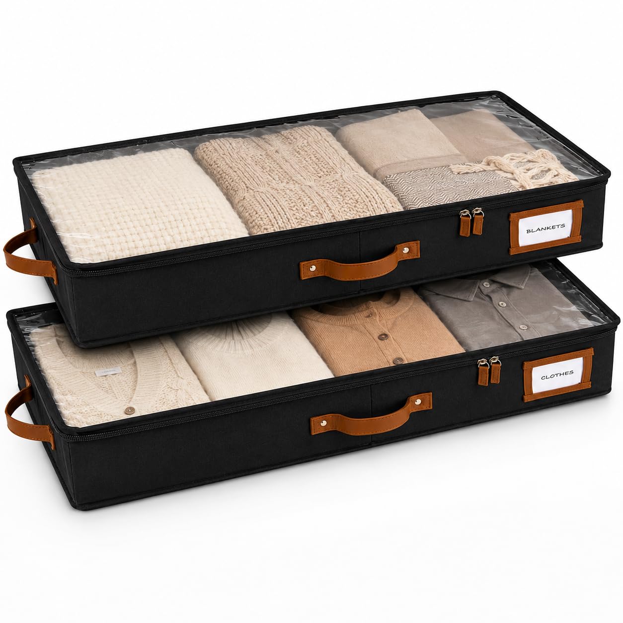 Homelux Theory PREMIUM Under Bed Storage Containers w/Extra Thick Cardboard in All Sides| 33x17x4.5 Underbed Storage Containers w/Double Secure Handles & Clear PVC Lid| Black (L) LOW PROFILE, 2 Pc