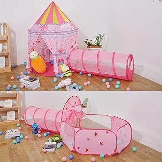 3pc Princess Fairy Tale Kids Play Tent, Oval Crawl Tunnel, Ball Pit for Toddlers, Indoor Outdoor Playhouse Castle Toys, Baby Boys Girls for 3 4 5 6 7 Years Old (Balls Not Included)