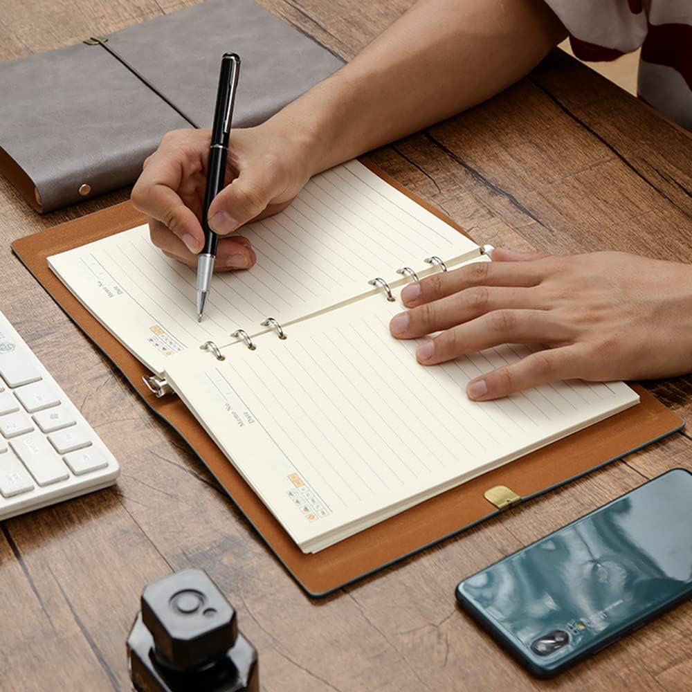 BE-TOOL A5 Leather Travelers Notebook Refillable Vintage Note Book with Lined Insert, Binder Journal 192 Pages Per Book for Office Home Travel Business Writing(Orange, 3 Pcs)