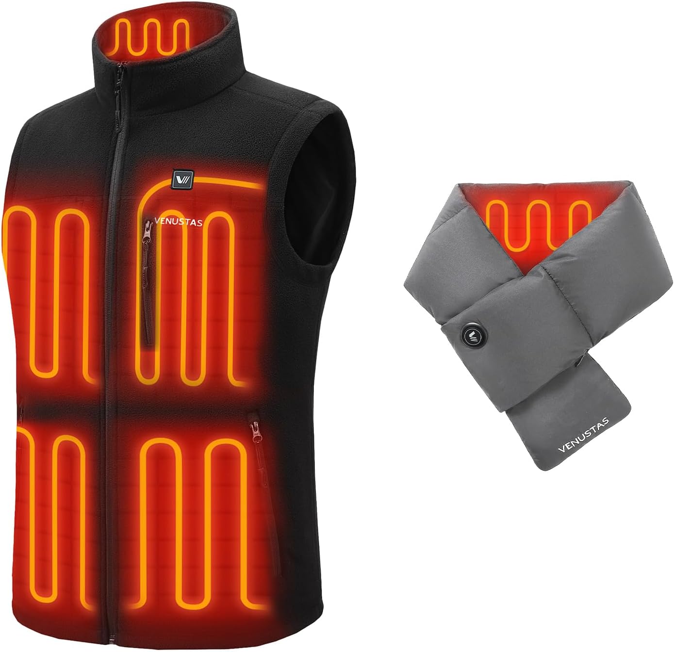 Venustas Men’s Recycled Heated Fleece Vest with Battery(Black, Medium) & Heated Scarf Bundle