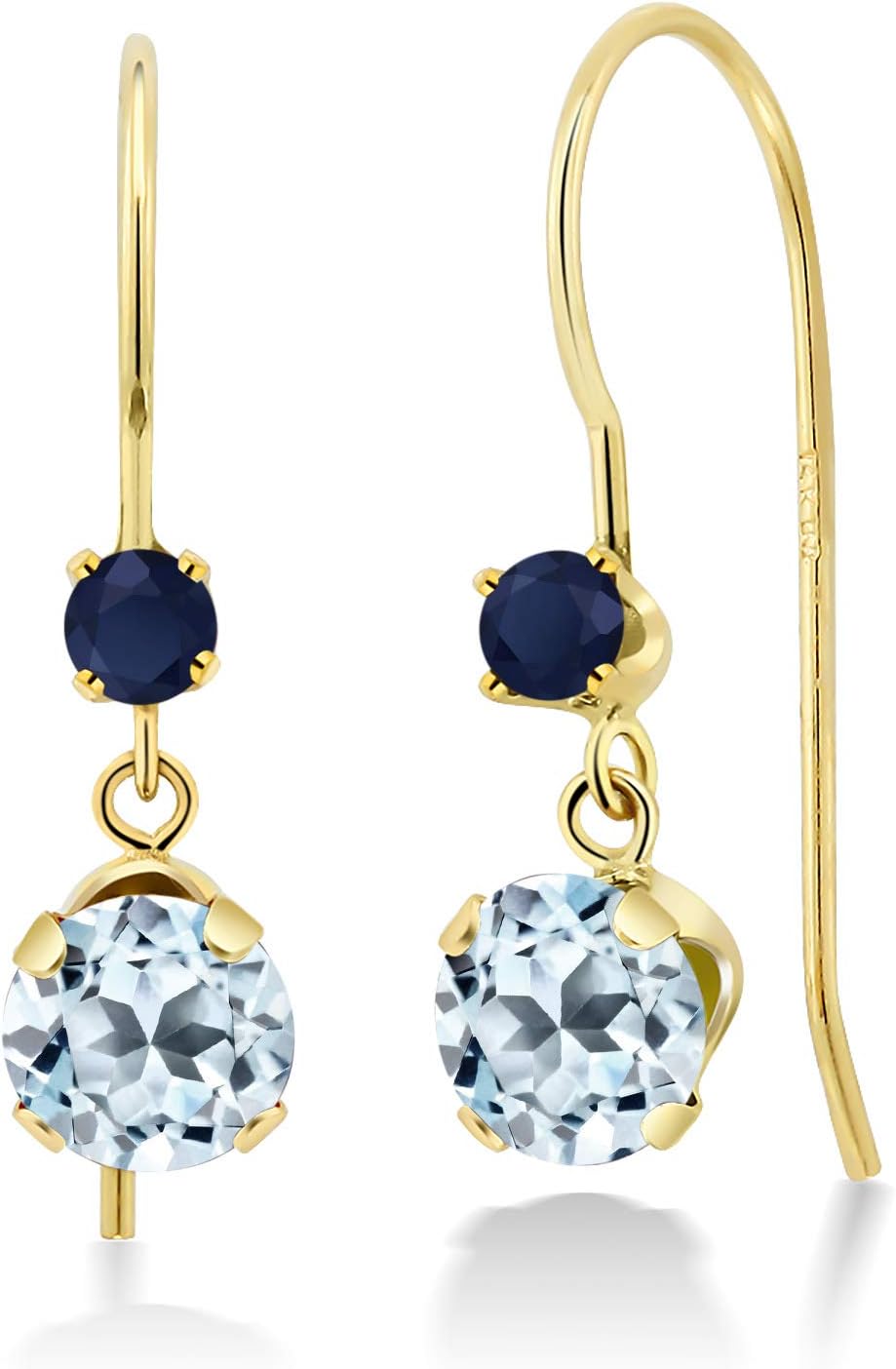 Gem Stone King 14K Yellow Gold Sky Blue Topaz and Blue Sapphire French Wire Dangle Hook Earrings For Women (1.50 Cttw, Gemstone November Birthstone, Round 5MM and 2.5MM)