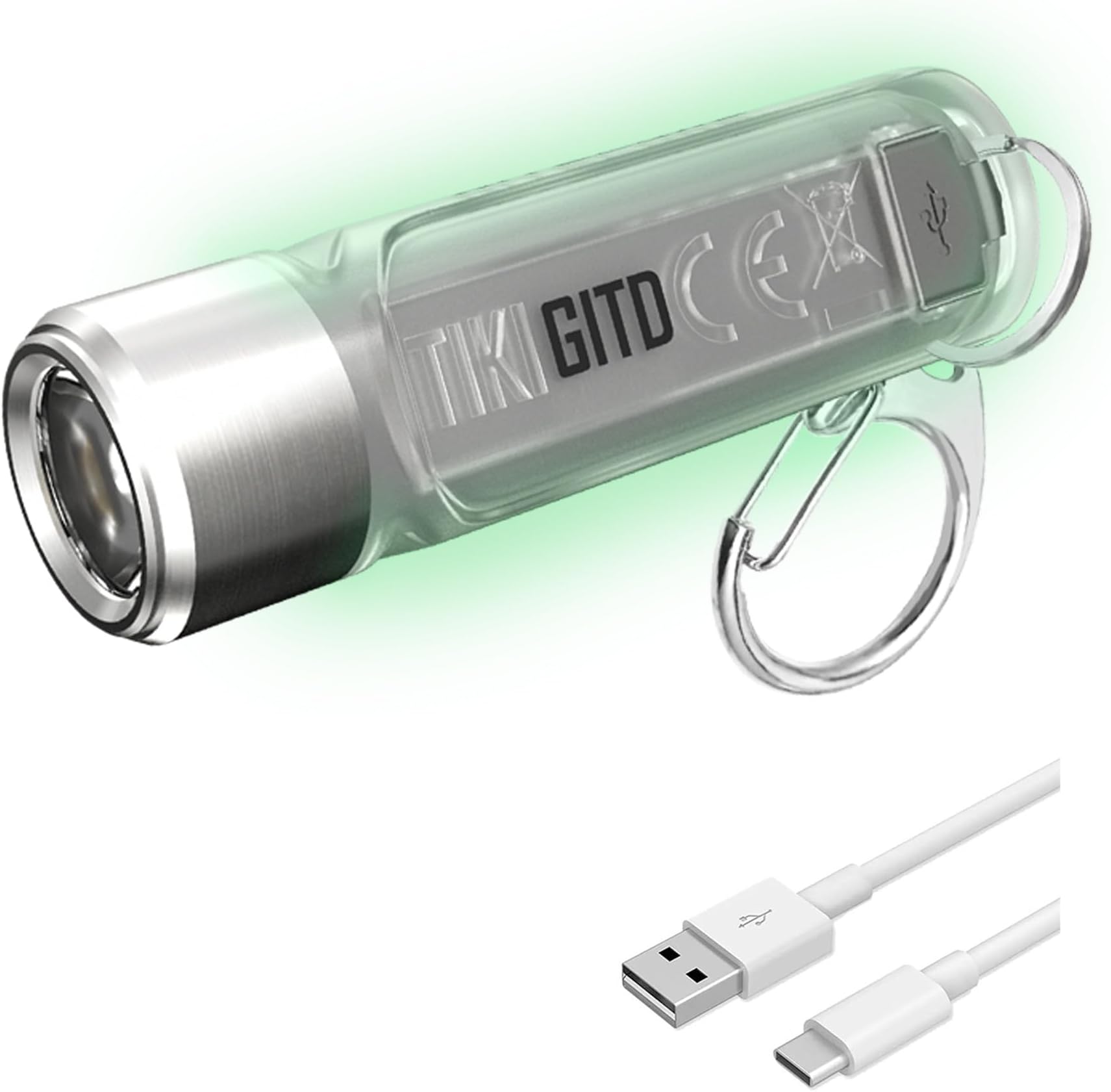 Tiki GITD Green Keychain Flashlight with UV & High CRI Light, 300 Lumen Everyday Carry USB Rechargeable and USB-C Charging Cable
