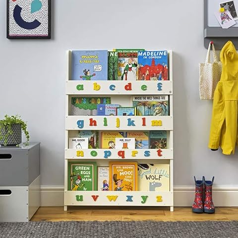 Tidy Books® Kids Wall Bookshelf (Age 0-10) Childrens Wooden Alphabet Bookcase, Montessori Book Rack, Front Facing, 115 X 77 X 7 cm, Wood, Ivory, Eco Friendly, Handmade, The Original Since 2004 Cover
