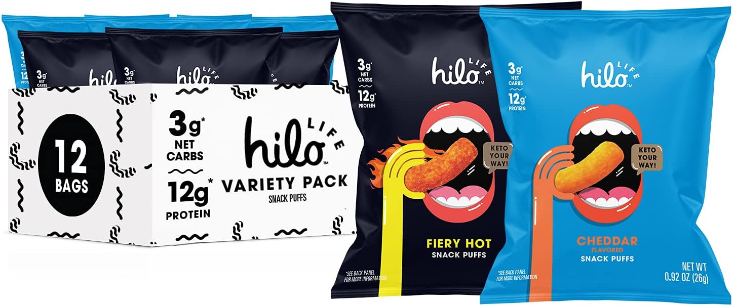 Hilo Life Low Carb Keto Friendly Snack Puffs Variety Pack, 0.92 Oz, 12 Count