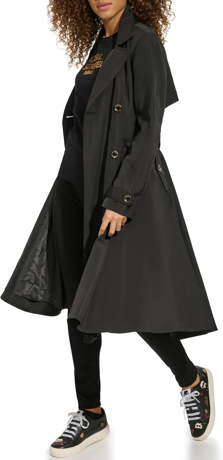 KARL LAGERFELD womens Long Flared Belted Trench Coat - Image 3