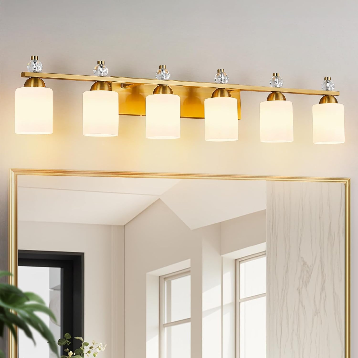 White Glass Bathroom Vanity Light Fixtures 6 Light Mid Century Gold Vanity Light Over Mirror Modern Vanity Lights for Bathroom Mirror Hallway E26 Socket (Bulbs Not Included)