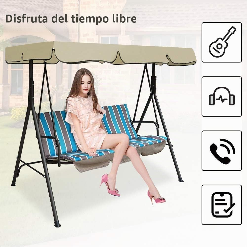 Toldo de balancín de jardín de 3 plazas, Impermeable, Techo de Repuesto para balancín Exterior Anti Rayos UV, Techo de Repuesto para Columpio, jardín terraza o balcón…