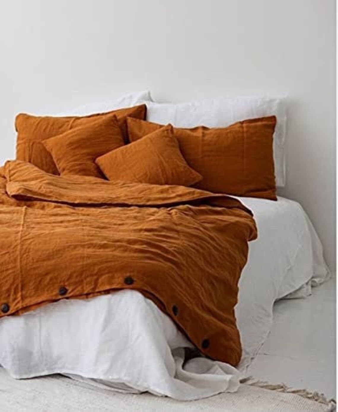 3 Piece Luxury Linen Duvet Cover/Soft Boho Bedding Comfy Simple Style Soft Breathable Textured Quilt Comforter Cover with Coconut Button Closure (Rust Cinnamon, Twin 68X90)