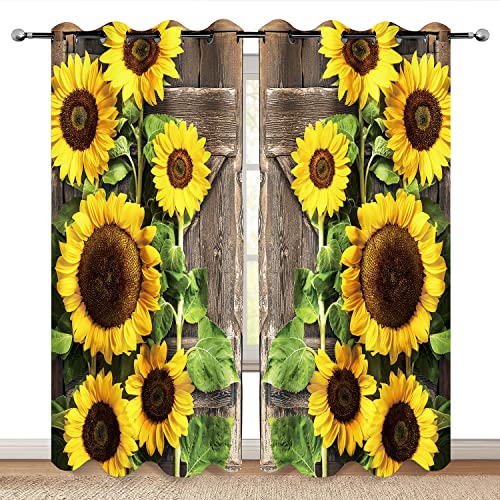 Sunflower Wood Barn Door Floral Blackout Curtains Flower Rustic Brown Vintage Wooden Farmhouse Decor Women Girl Ladies Home Bedroom Living Room Darkening Grommet Window Drapes 2 Panel Set, 52x84 Inch