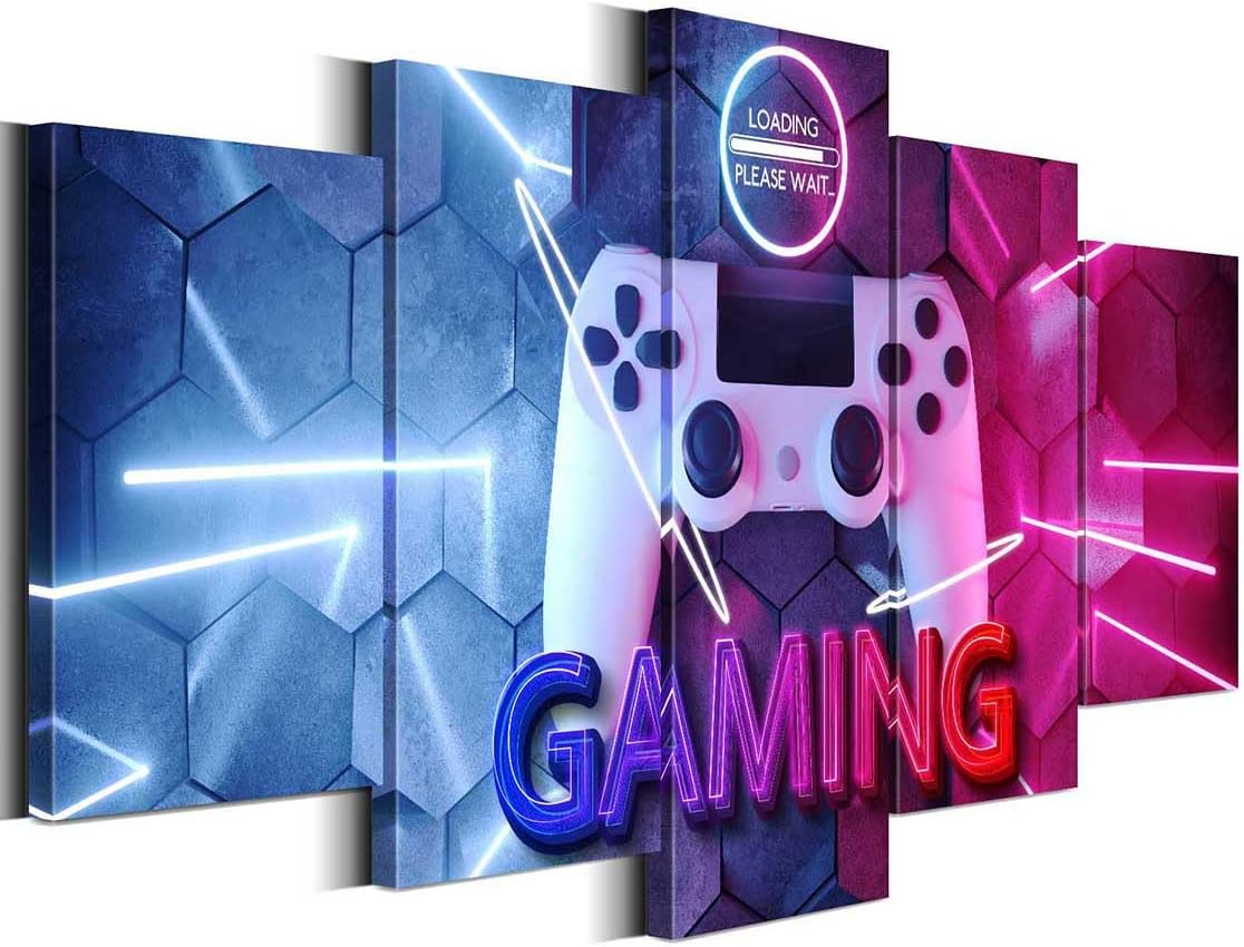 Merrleem Gaming Symbol Wall Art Pictures, Gamer Art Print, Teen Boys Game Room Bedroom Wall Decor, Game Controller Decoration (Large, Wrapped Canvas)