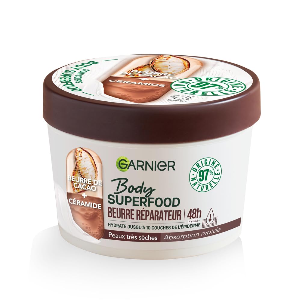 Garnier - Body Superfood - Crème Soin Corps Réparatrice - Hydratation 48H - Formule Vegan & à 97% d'Origine Naturelle - Au Beurre de Cacao & Céramide - Pour Peaux Sèches - 380 ml