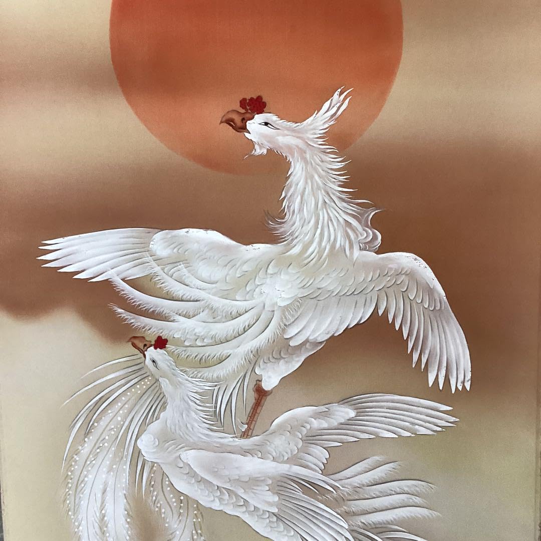 林 萬城筆 絹本彩色画 花鳥図《旭日に双鳳凰図》 軸先紫檀 新調掛軸一幅