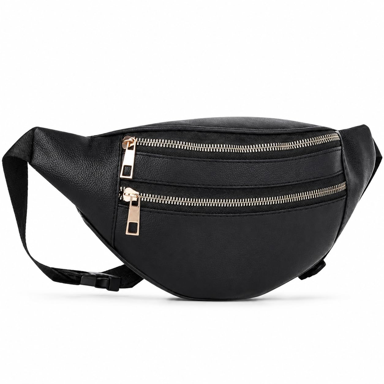 Black Faux Leather Fanny Pack with Gold-Tone Zippers-image-13