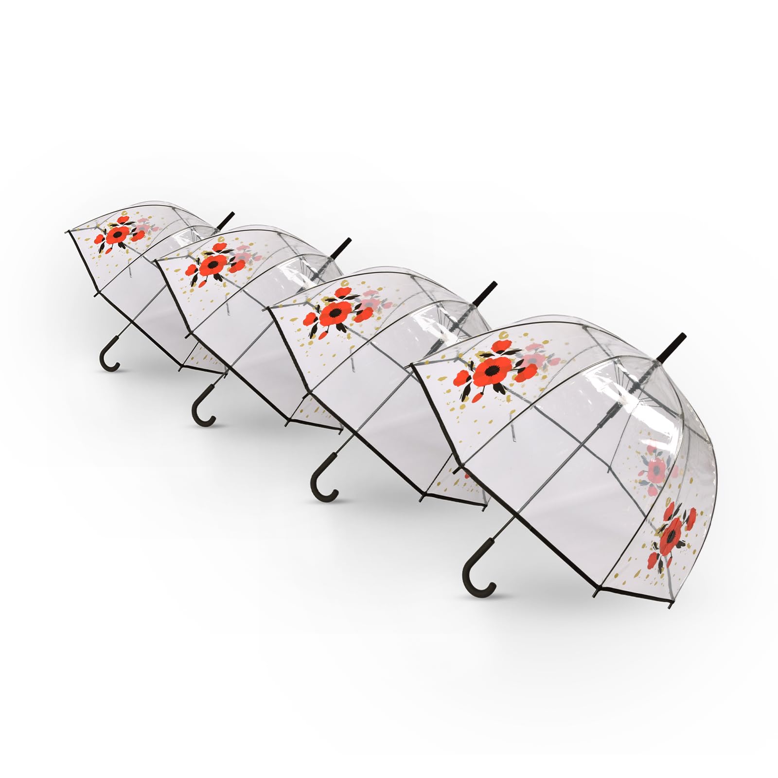 Parapluie Dôme à Motif Floral, Lot de 4, Parapluie Pluie Transparent, 86cm de Diamètre, 8 Côtes, Unisexe, Ouverture Automatique, Transparent, 84X86cm