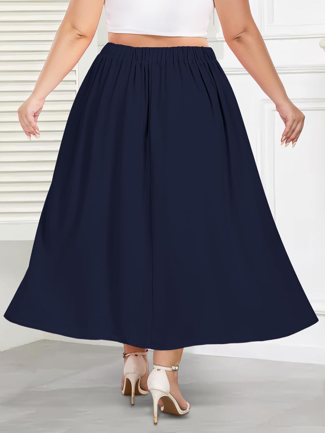 Moon Wood Women's Plus Size High Waist Elastic Long Maxi Skirt Flowy Pleated A-Line Casual Swing Summer Skirt with Pockets - Image 4