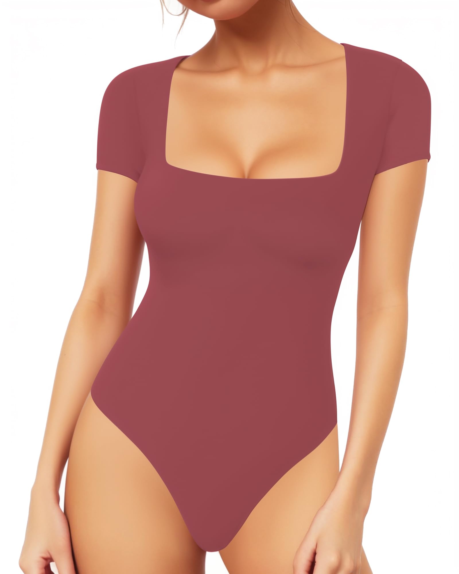 MANGOPOP Women's Square Neck Bodysuit Shirt Long Sleeve Short Sleeve Tops
