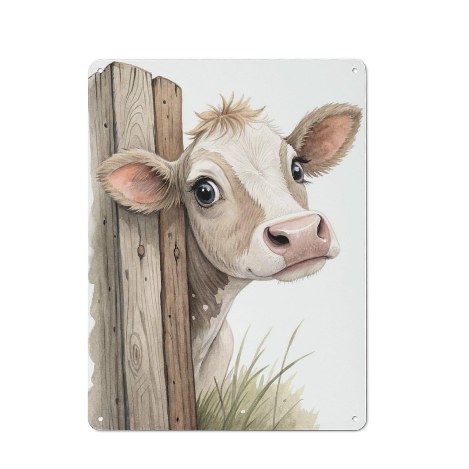Junmoney Style-16 Retro Cute Cow Peeking Behind Fence Vintage Metal Sign 40X30cm, Room Wall Plaque For Flat, Dorm Room, Lounge Or Cafe
