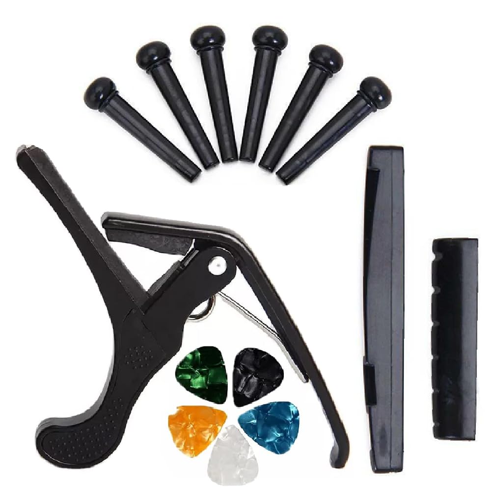 TECHBLAZE Capo for Acoustic Guitar with Bridge Pin Combo and Accessories Kit with 5 Colorful Picks and Nut, Saddle, Bridge Pins (BLACK)